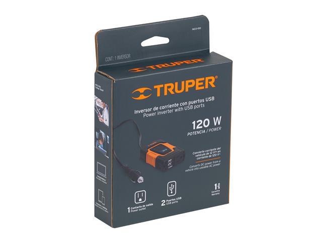 Inversor de corriente Truper 120W USB y contacto de salida