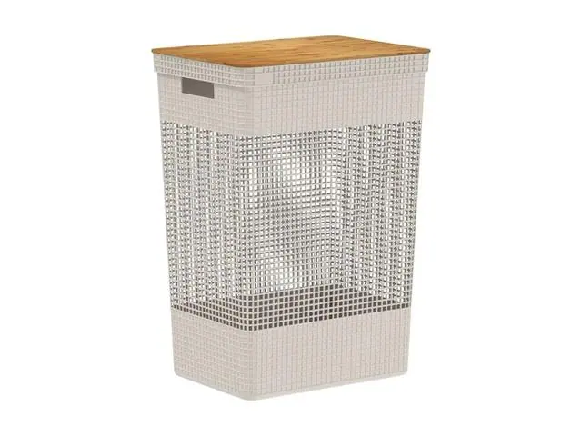 Cesto de Roupas OU Grid Com Tampa de Bambu 49 Litros Bege
