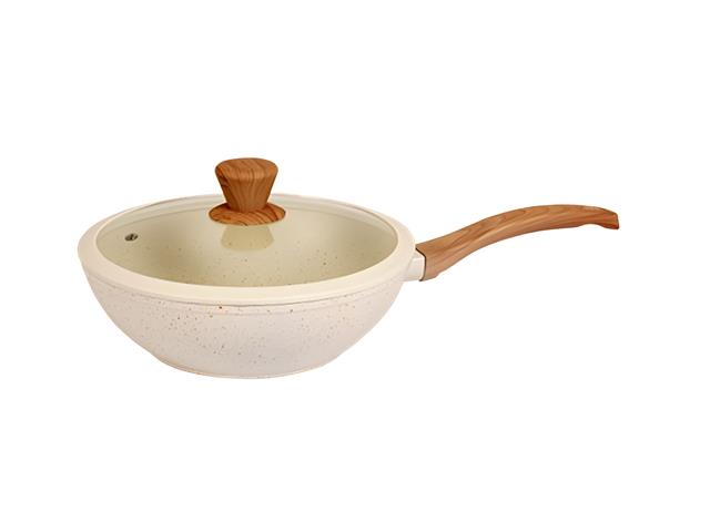 Wok Antiadherente Carol Beige efecto granito 26cm con Tapa de Vidrio