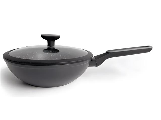 Wok Antiadherente Carol Negro efecto granito 26 cm con Tapa de Vidrio