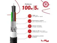 Cabo Lity C13P USB C Carregamento Ultra Rápido Até 100W E 5A 2M Preto - 3