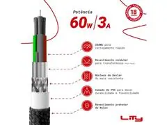 Cabo Lity C12P USB C - USB C Carregamento Rápido Até 60W E 3A 2M Preto - 5