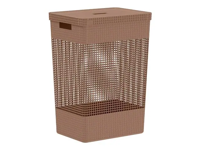 Cesto De Roupas Grid Com Tampa 49 L Marrom Amendoa Fechado