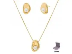 Conjunto Morana Liso com Pérolas e Corrente Veneziana Dourado - 0