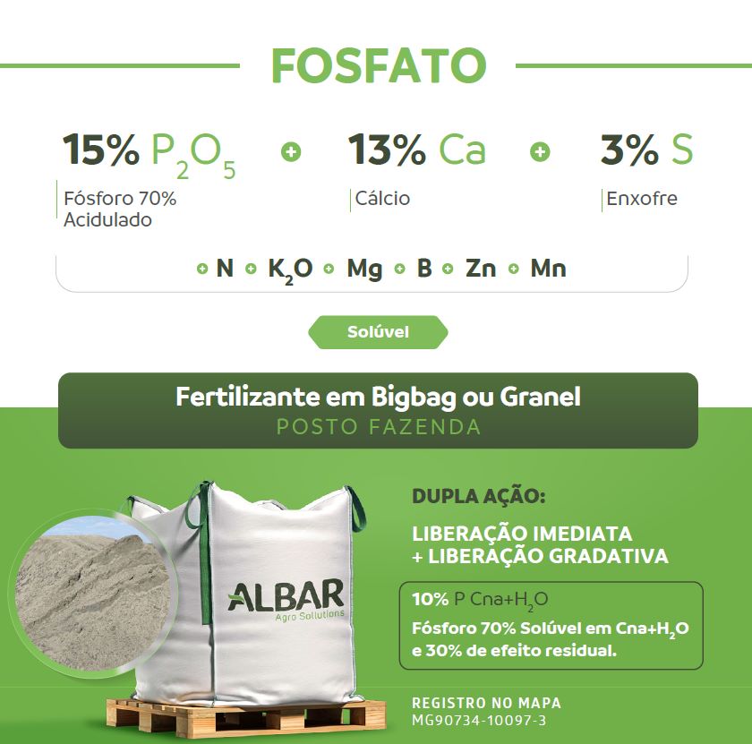 Fertilizante Fosfatado 15% P + 13% Ca + 3% S + Micros (alternativa a super simples, MAP, NPK)